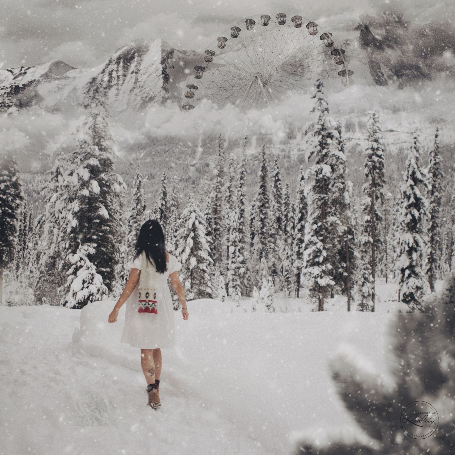 Absconding Reality, plate XVII: a woman in a white dress walking through a snowy forest towards a Ferris wheel in the mountains