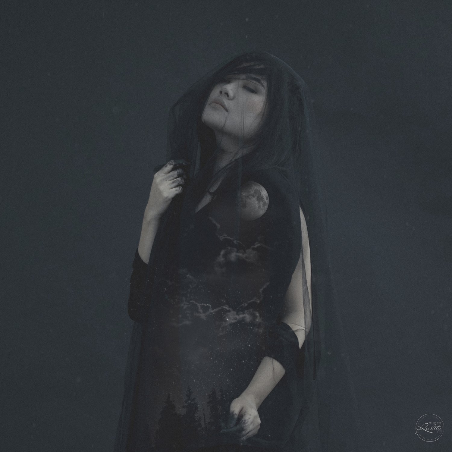 Absconding Reality, plate XIX: a woman in dark clothing against a dark background