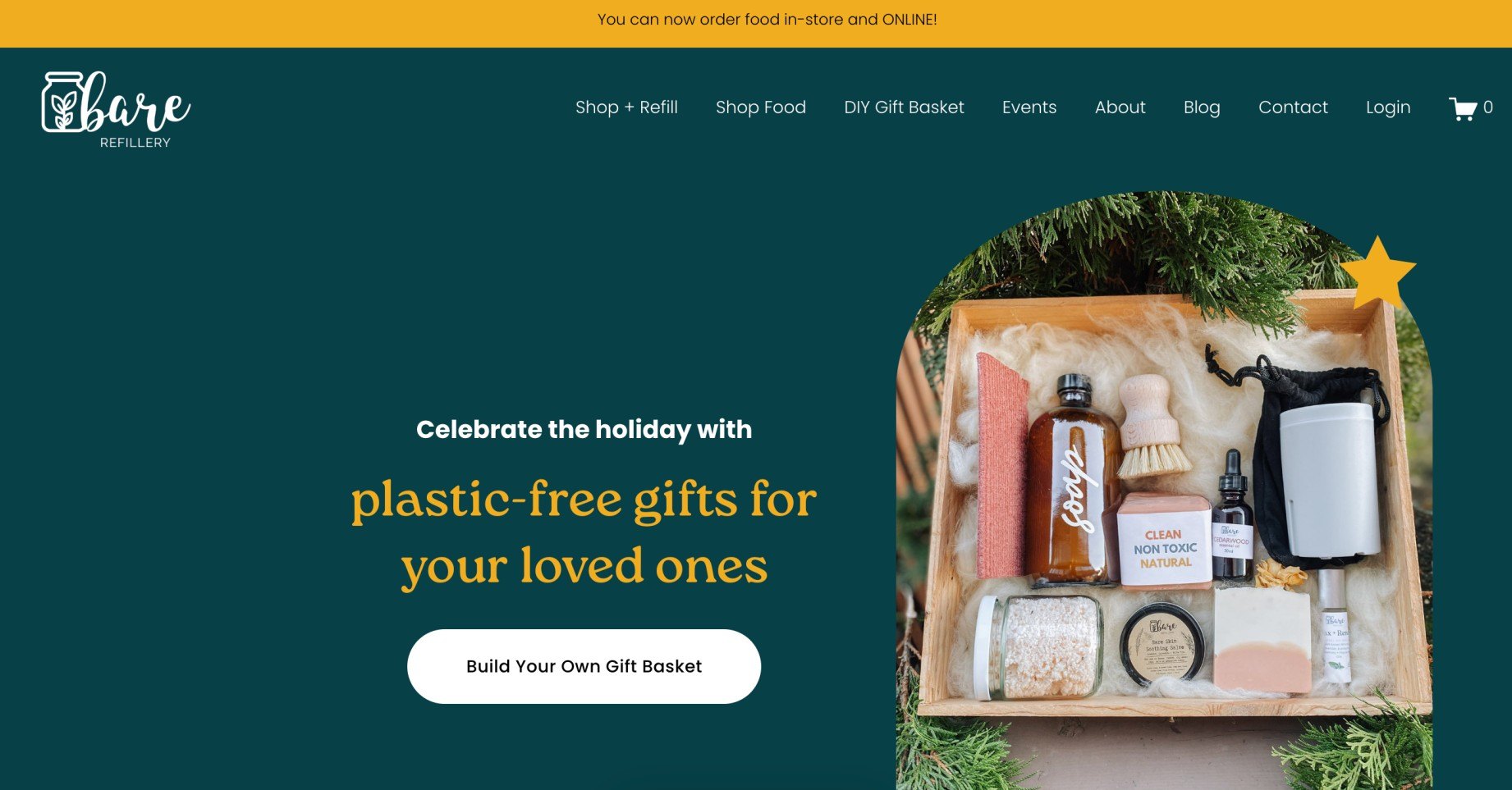 Bare Refillery website homepage promoting plastic-free holiday gift baskets