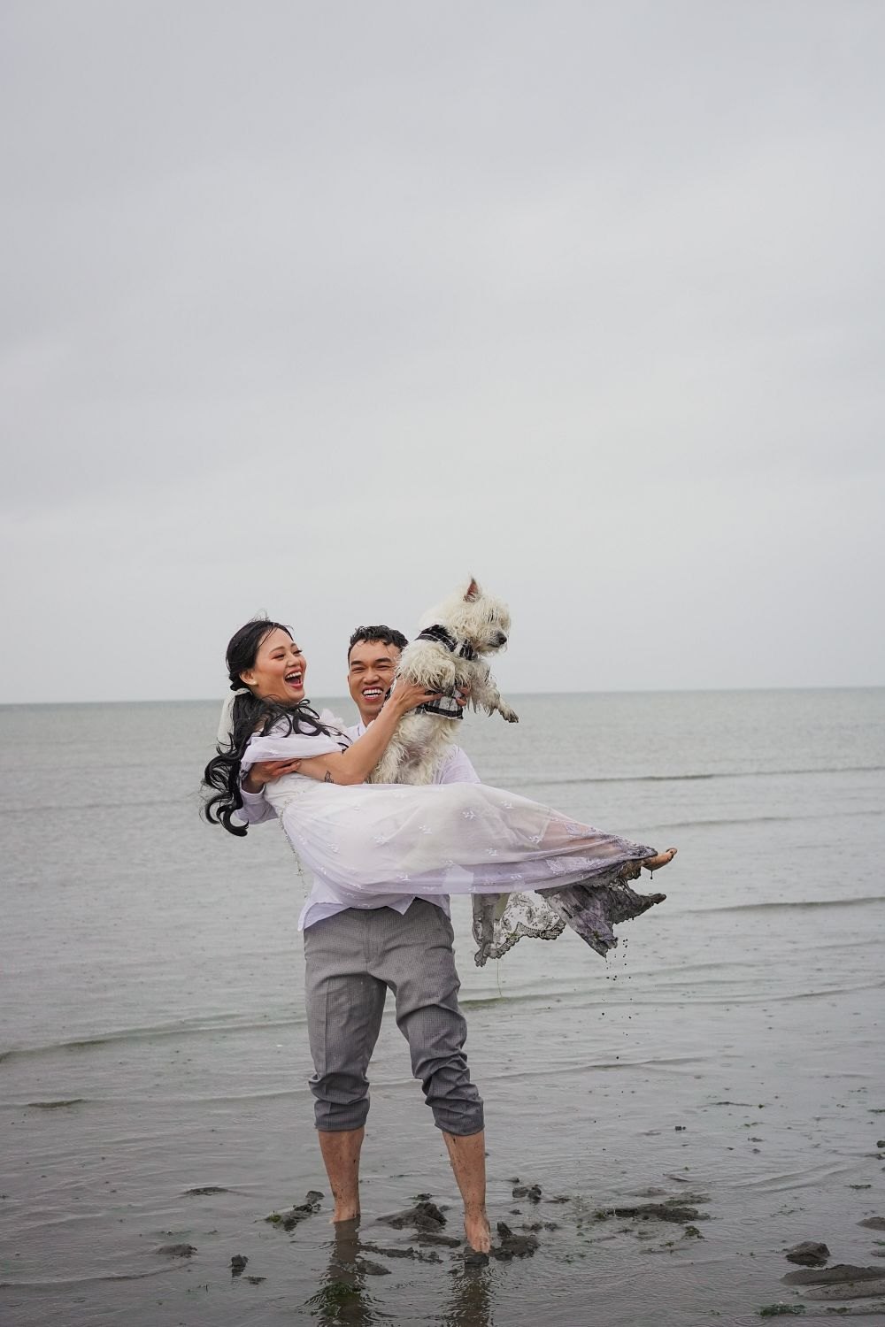 Groom carrying the bride and their dog through the shallows on a grey beach