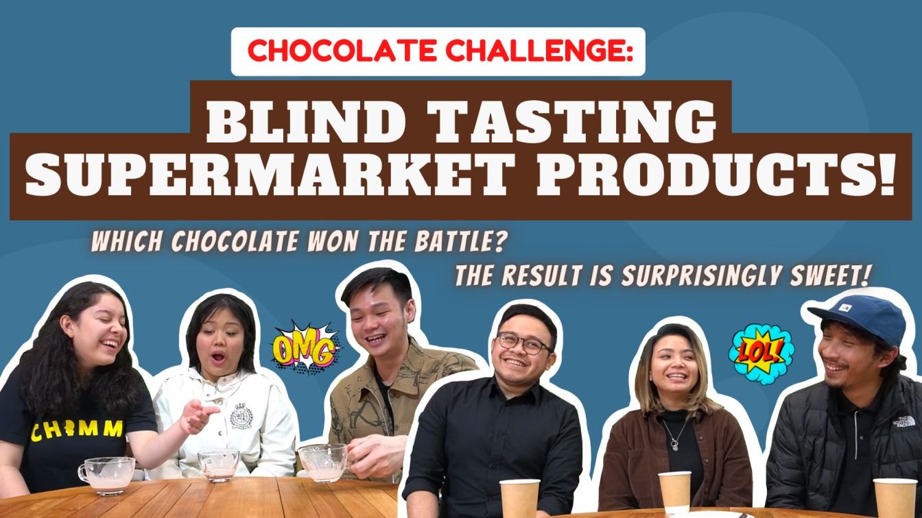 YouTube thumbnail: Chocolate Challenge, blind tasting supermarket products, with six tasters laughing around a table
