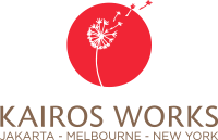 Kairos Works logo: a red circle with a dandelion, and the cities Jakarta, Melbourne and New York